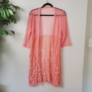 Pink Lace Bathing Suit Cover Robe Open Front Floral One Size
